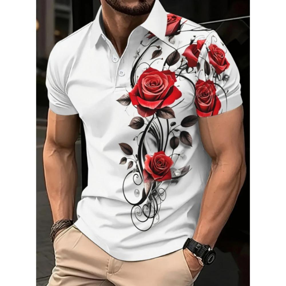 New Men's Red Rose Pattern 3D Printed Casual Top, Comfortable Short Sleeved Polo Shirt