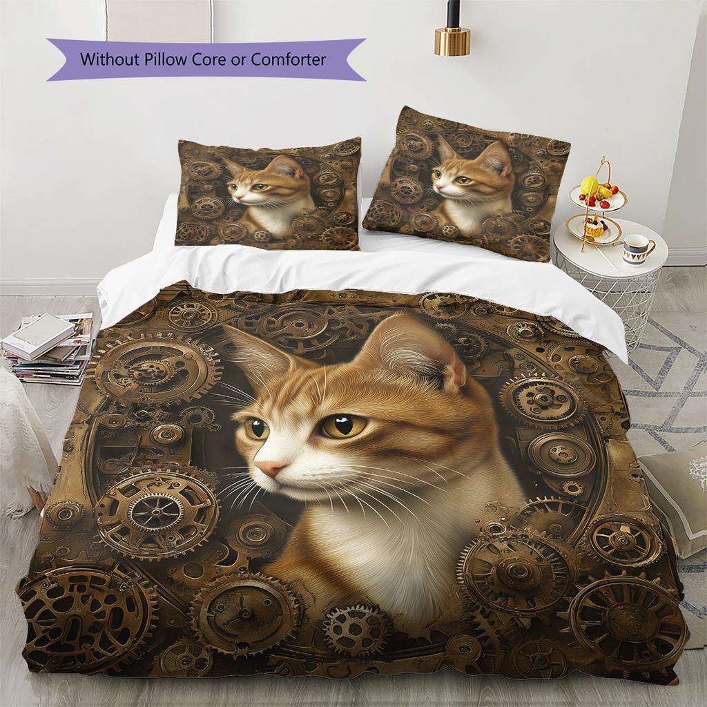 Gear Cat Pattern Bedding Quilt Set Quilt Cover Pillowcase Home Decoration Gift (1 * duvet cover + 2 * pillowcase, without core)