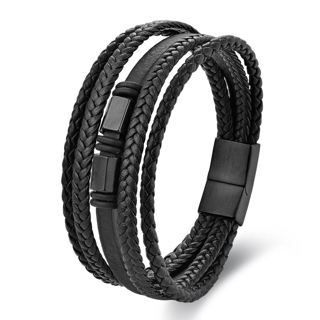 Zwart Leer Touw Koeienhuid Heren Dubbele Laag, Echt Leer Gevlochten Armband Handgemaakt Meerlaagse Leer Armband
