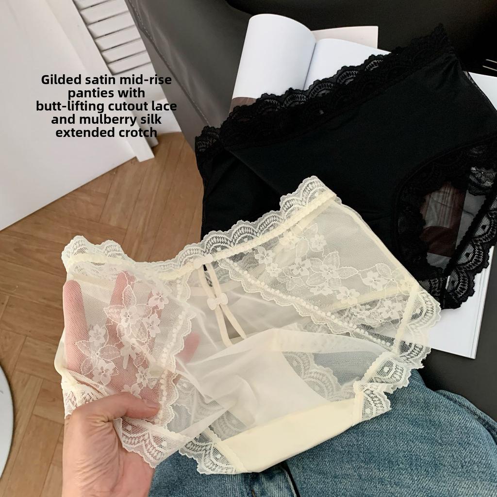 Ladies Summer Light Luxury Satin Hollow Lace Hip Ice Silk Quick Dry Middle Waist Triangle Briefs