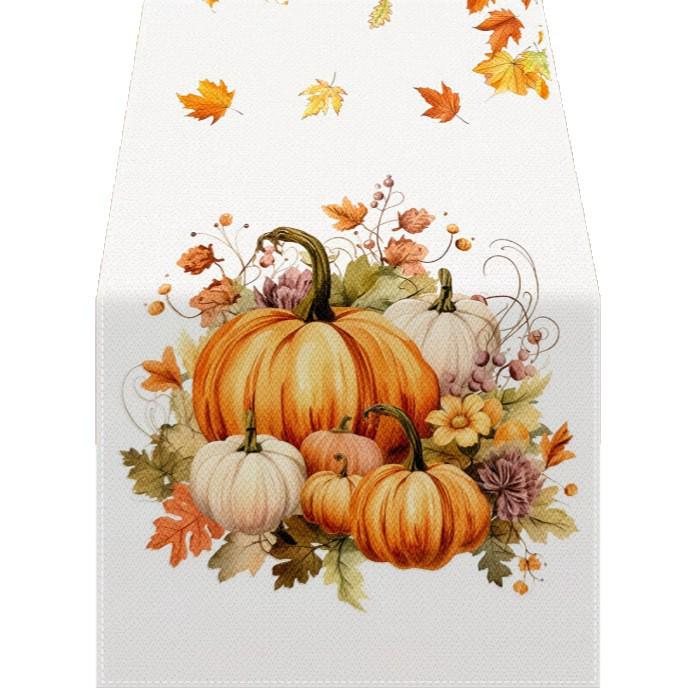 Autumn Leaves Pumpkin Table Runner: Linen Thanksgiving Decoration for Kitchen & Dining