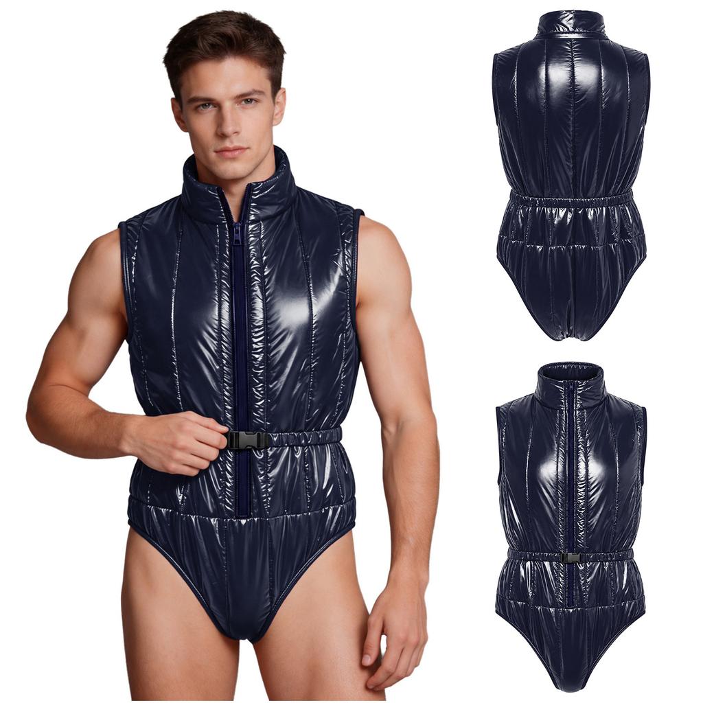 Men Water Resistant Zipper Front Padded Bodysuit Stand Collar Sleeveless Leotard with Elastic Belt for Post Surgery Care