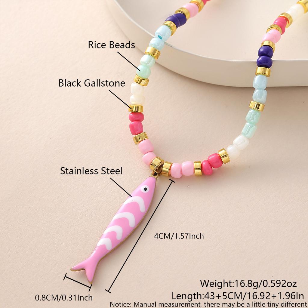 Collana con Ciondolo Pesce Bohemien con Perline Colorate e Catena in Acciaio Inossidabile per Donne e Uomini