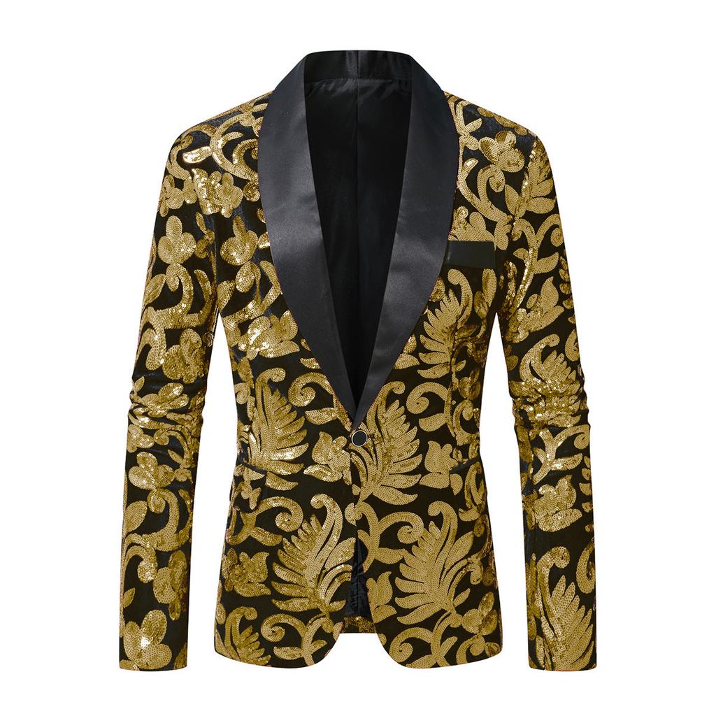 Mens Sequin Velvet Blazer Jacket Fashion Party Stage Performance Nightclub Suit Coat