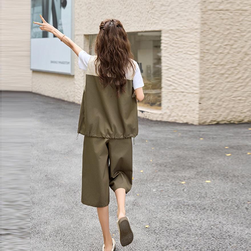 Fashion casual three-piece suit women's summer T-shirt top casual vest lace jacket + seven-point pants