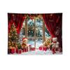 Christmas Tapestry Fairy Lights Christmas Tree Snowy Window Scene Red Curtains Christmas Event Backdrop Background Cloth
