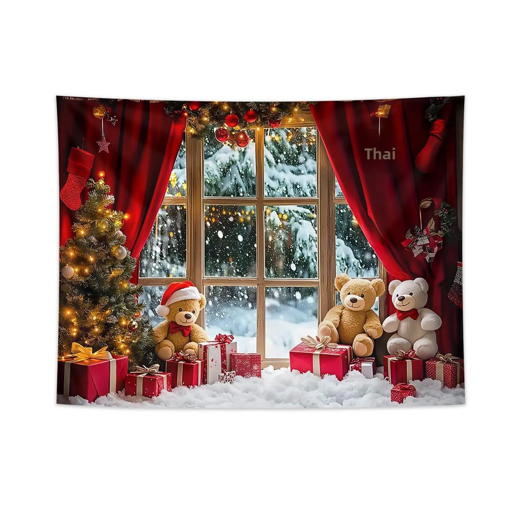 Christmas Tapestry Fairy Lights Christmas Tree Snowy Window Scene Red Curtains Christmas Event Backdrop Background Cloth