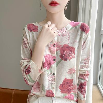 Spring Summer Lyocell Water-Soluble Wool Blended Round Neck Knit Cardigan Long Sleeve Sweater Printed Top
