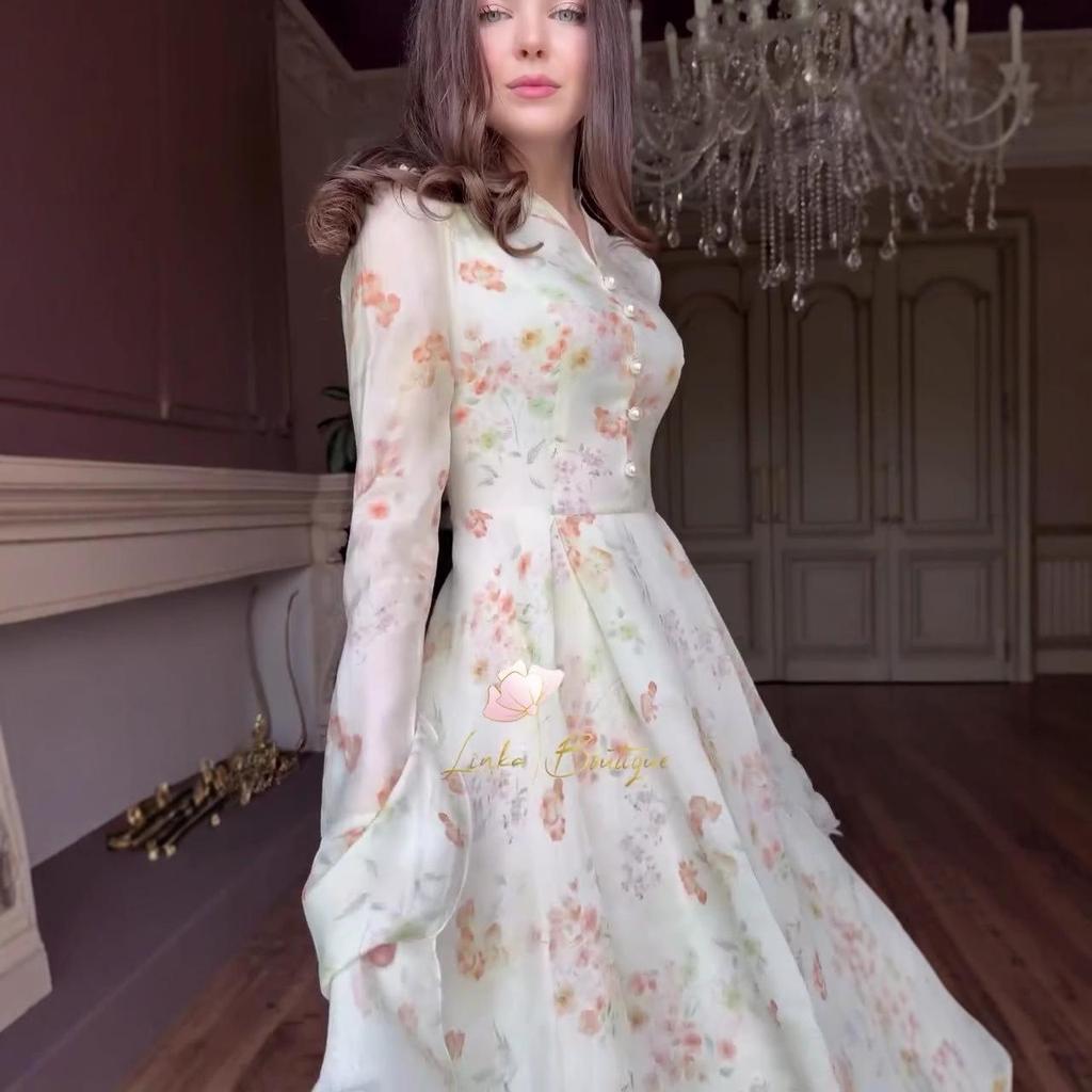 2025 Autumn French-Style Long Square Neck Printed Dress for Women