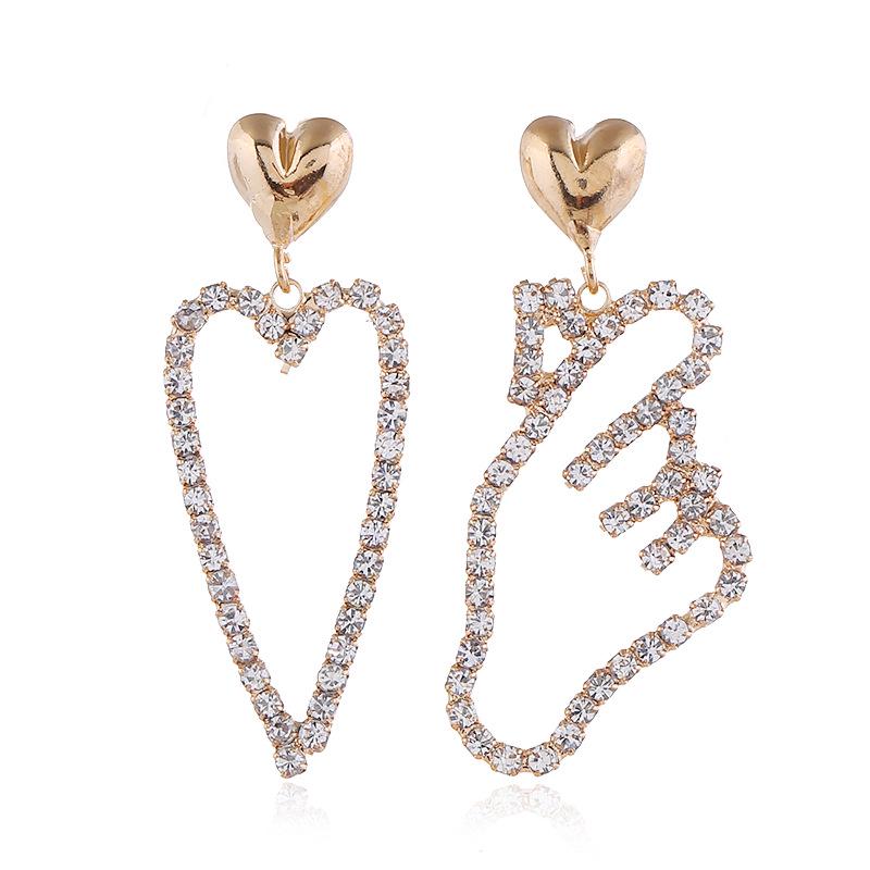 Heart-Shaped Asymmetrical Rhinestone Earrings - Elegant, Colorfast Design with Quality Guarantee