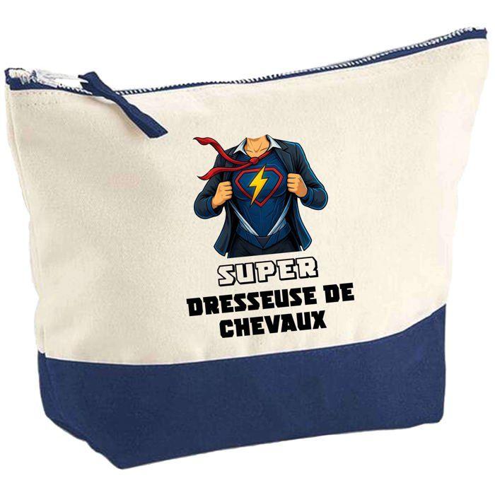 Trousse de maquillage - PLANETEE - Pochette fond bleu «Super Dresseuse De Chevaux Femme» - Grand format - Coton - Impression HD