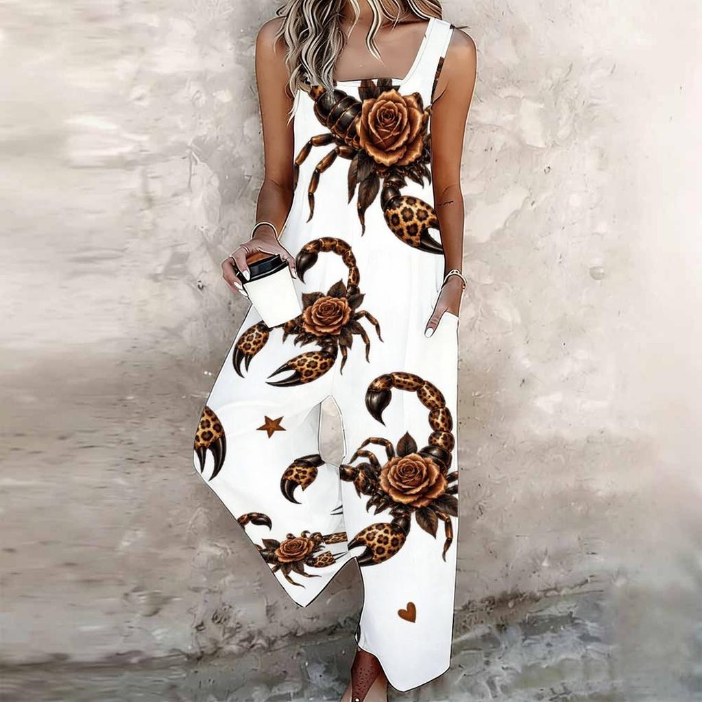 Women Plus Size Sleeveless Strap Jumpsuit White Leopard Football Helmet Print Loose Overalls With Pockets