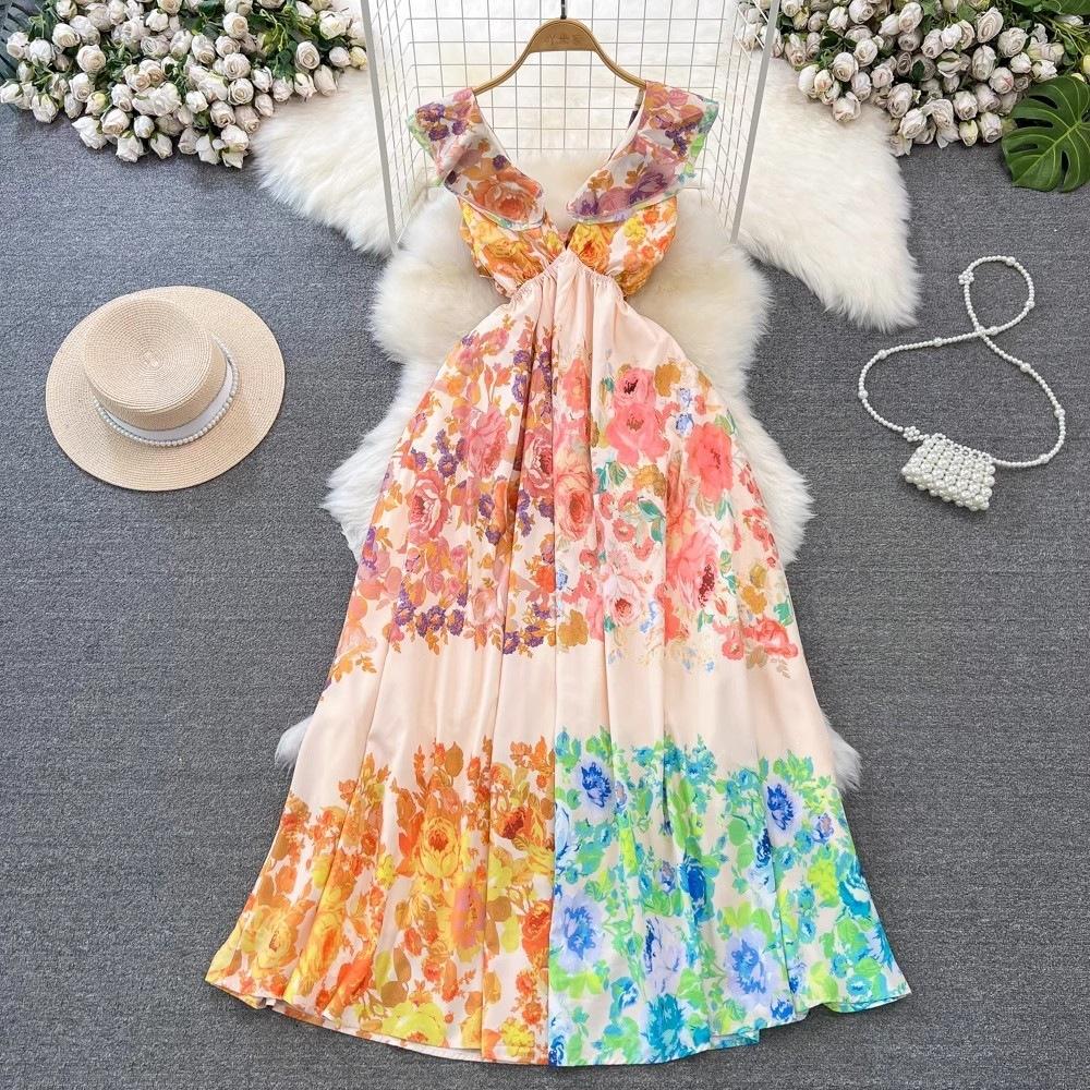 Fashion celebrity temperament flying sleeves V-neck waist thin medium and long A-word printed dress seaside vacation dress