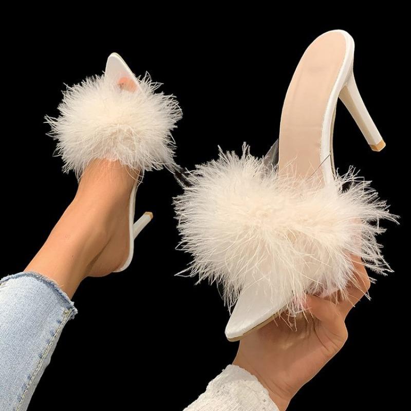 Summer New High Heels Sexy Slippers with Fine Heel Design and Hairy Decoration Cool Slippers with Daily Pointed Points Luxury