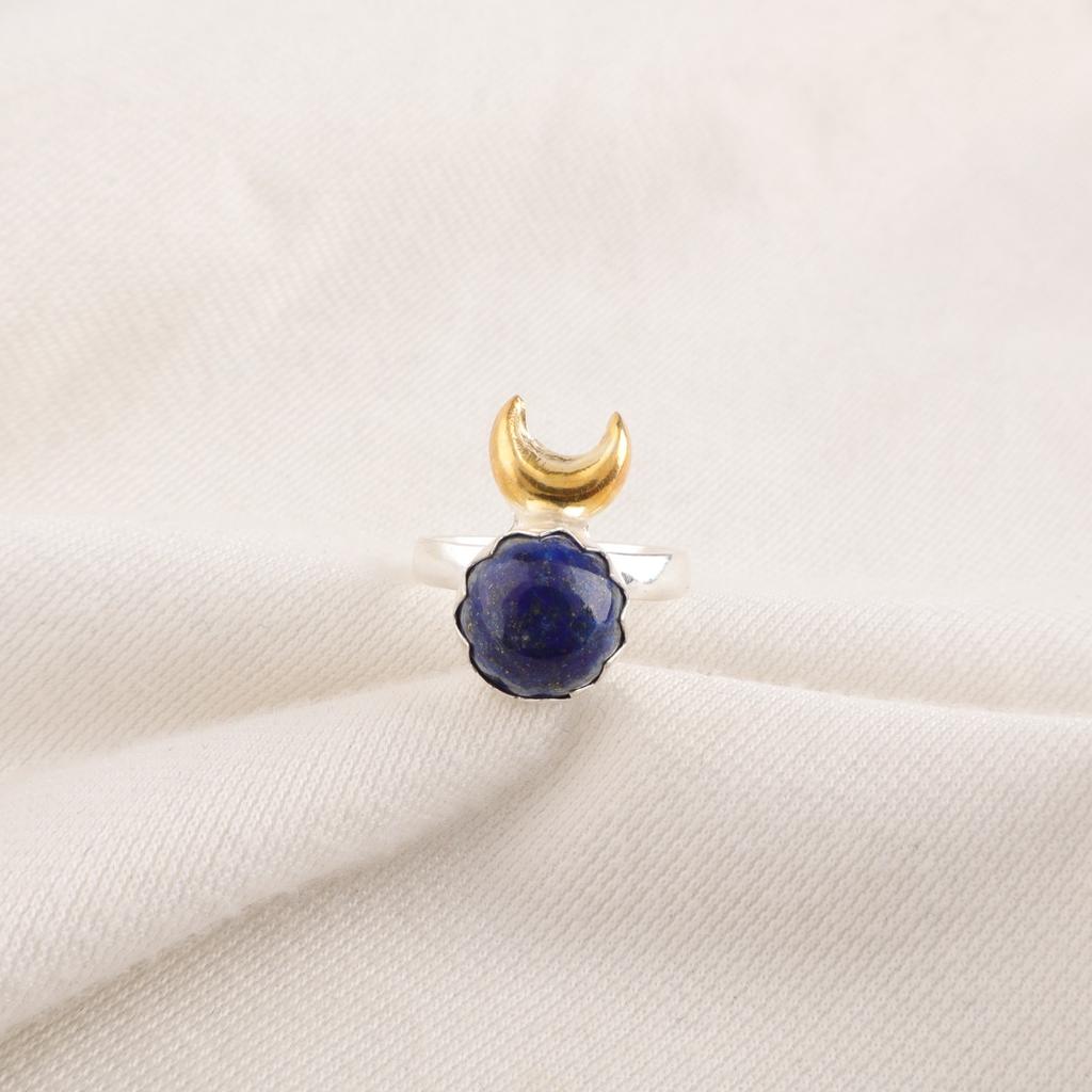 Round Natural Lapis Lazuli Sterling Silver Wife Gift Cocktail Throat Chakra Ring RR-58-28