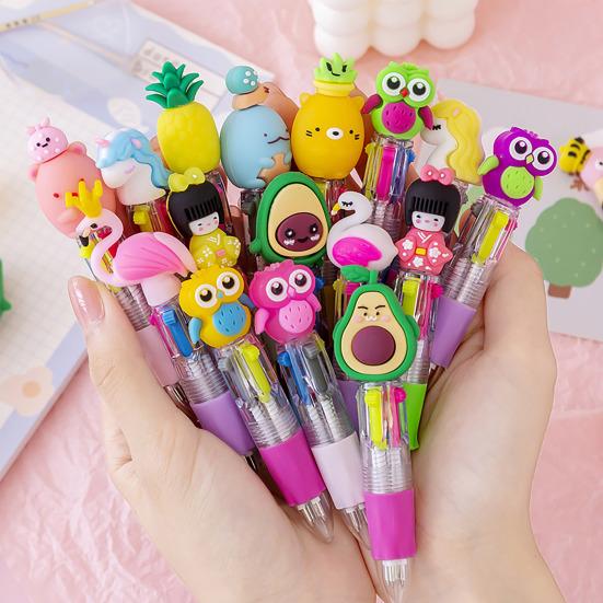 Cute 4-Color Ballpoint Pen Animal Toppers Retractable Cartoon Pens 0.7mm Tip Novelty Writing Pen for School Supplies