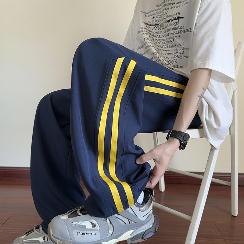 

Полосатые брюки из ледяного шелка, мужские летние тонкие прохладные быстросохнущие повседневные брюки, свободные студенческие прямые брюки 5XL