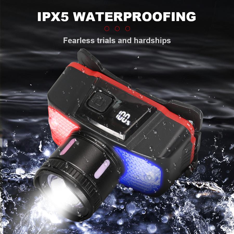 LED Headlamp Strong Light USB Rechageable Portable Fishing Camping Outdoor Head Lamp Work Flashlight with Warning Light