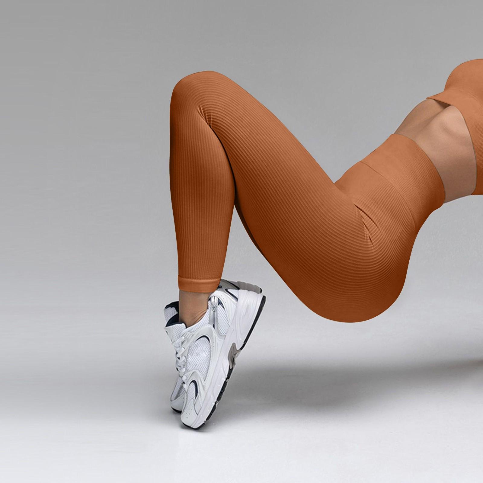 

Женские модные ребристые штаны для йоги с высокой талией, леггинсы для фитнеса, спортивные штаны M верблюд