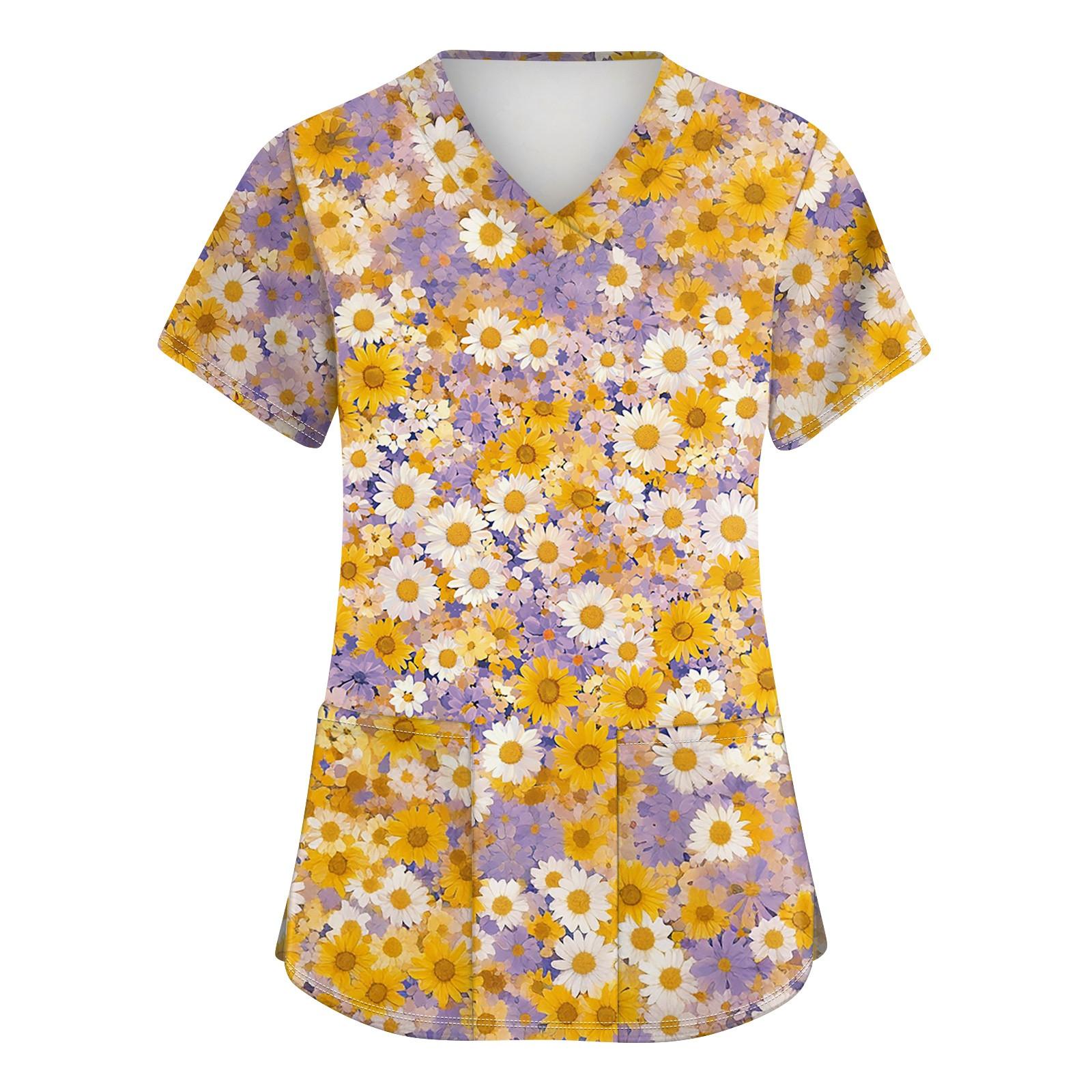 

Женская мода с v-образным вырезом, короткими рукавами и карманами, топы с принтом L оранжевый