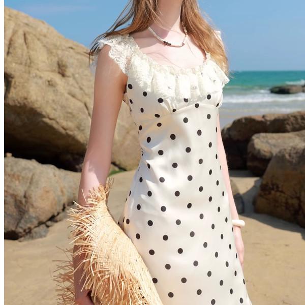 Elegant French White Polka Dot Suspender Dress - Summer 2025 Waist-Cinching Slimming Design