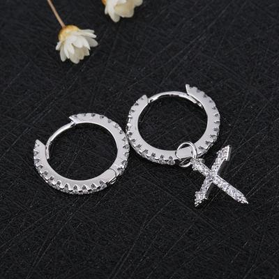 925 Sterling Silver Mosaic Cubic Zircon Cross Pendant Earrings For Women Asymmetric Hoop Earrings S-E1093