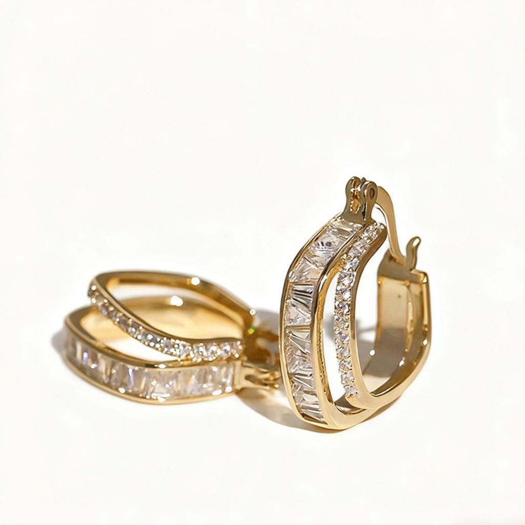 Dual Layer Baguette and Round Paved Click Hoop Earrings Women Elegant Bling Ear Jewelry