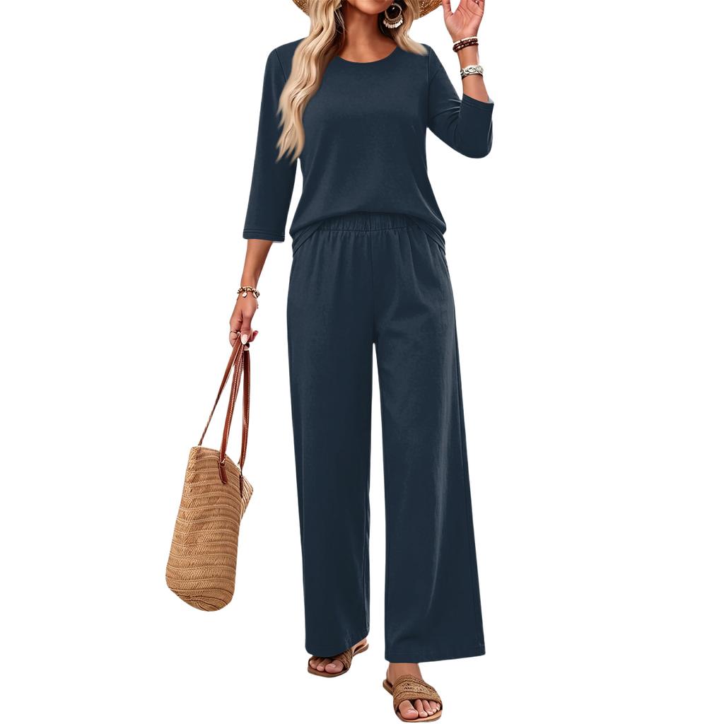 Women Casual Fashion Loose Fit Round Neck Three Quarter Sleeve Top Wide Leg Pants Set Lounge Wear Two Piece Outfit