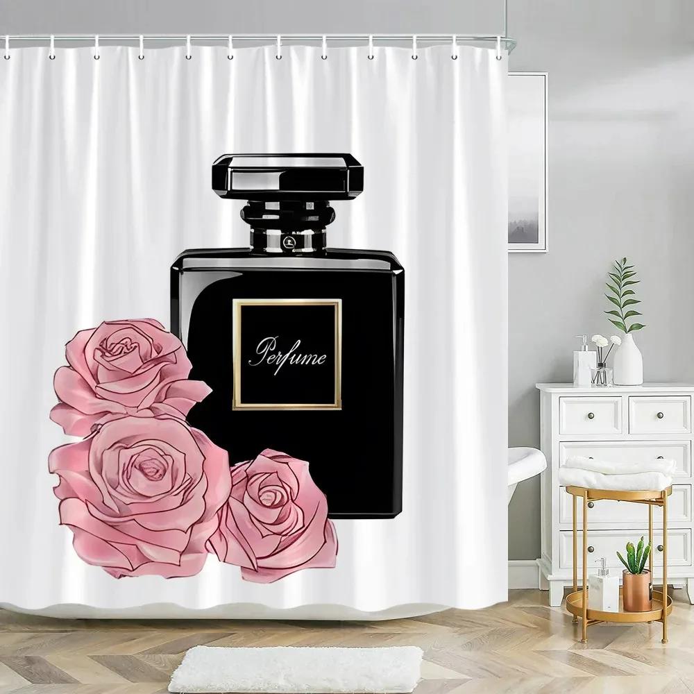 Pink Perfume High Heel Shower Curtain Set Black White Stripes Fashion Girl Woman Bathroom Decor Polyester Bathtub Curtains Hooks