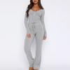 1116 European and American Spring and Autumn New Suit Long Sleeve Button Solid Color Tights Plus Pants Two-piece Set Women