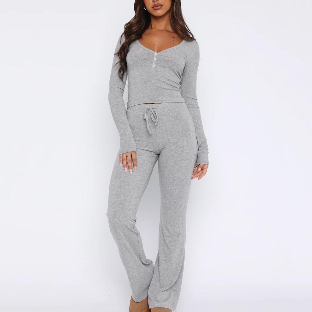 1116 European and American Spring and Autumn New Suit Long Sleeve Button Solid Color Tights Plus Pants Two-piece Set Women