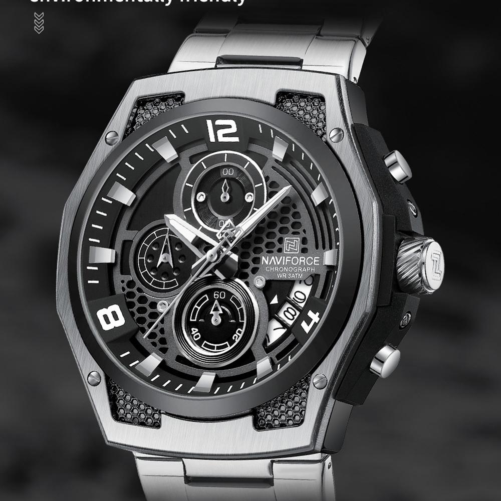 Naviforce Watch for Men Calendar Chronograph Stainless Steel Strap Luminous Waterproof Fashion Casual Outdoor Sports Men's Wristwatch NF8051S