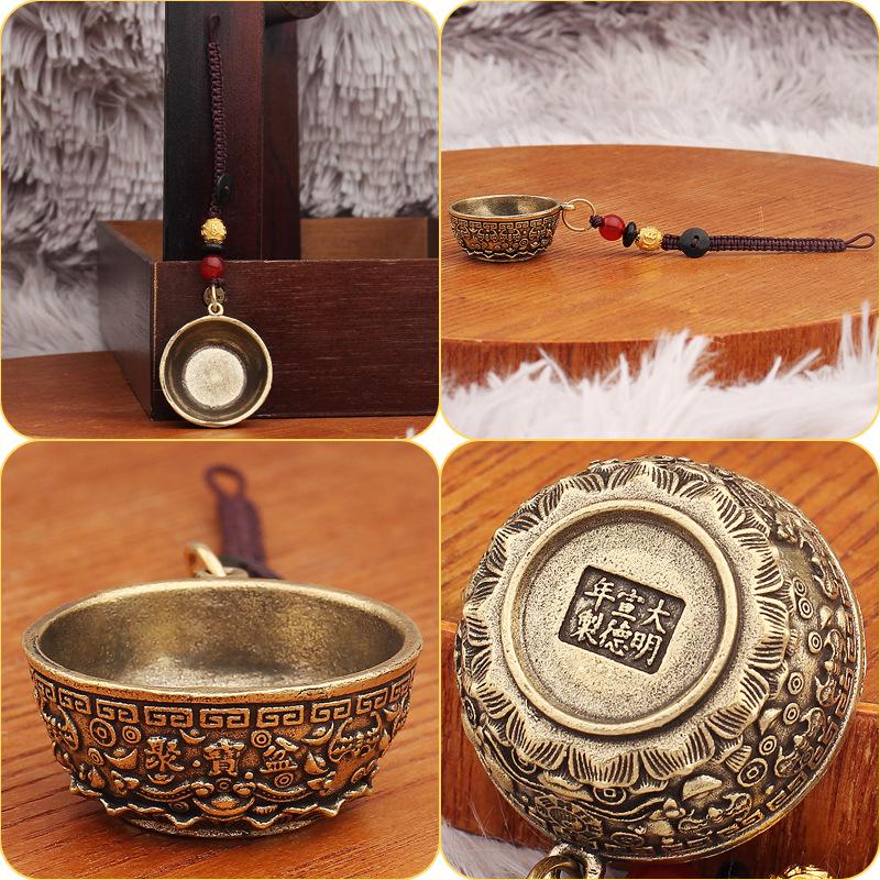 Brass Cornucopia Keychain Ruyi Yuanbao Pendant with Handmade Woven Rope