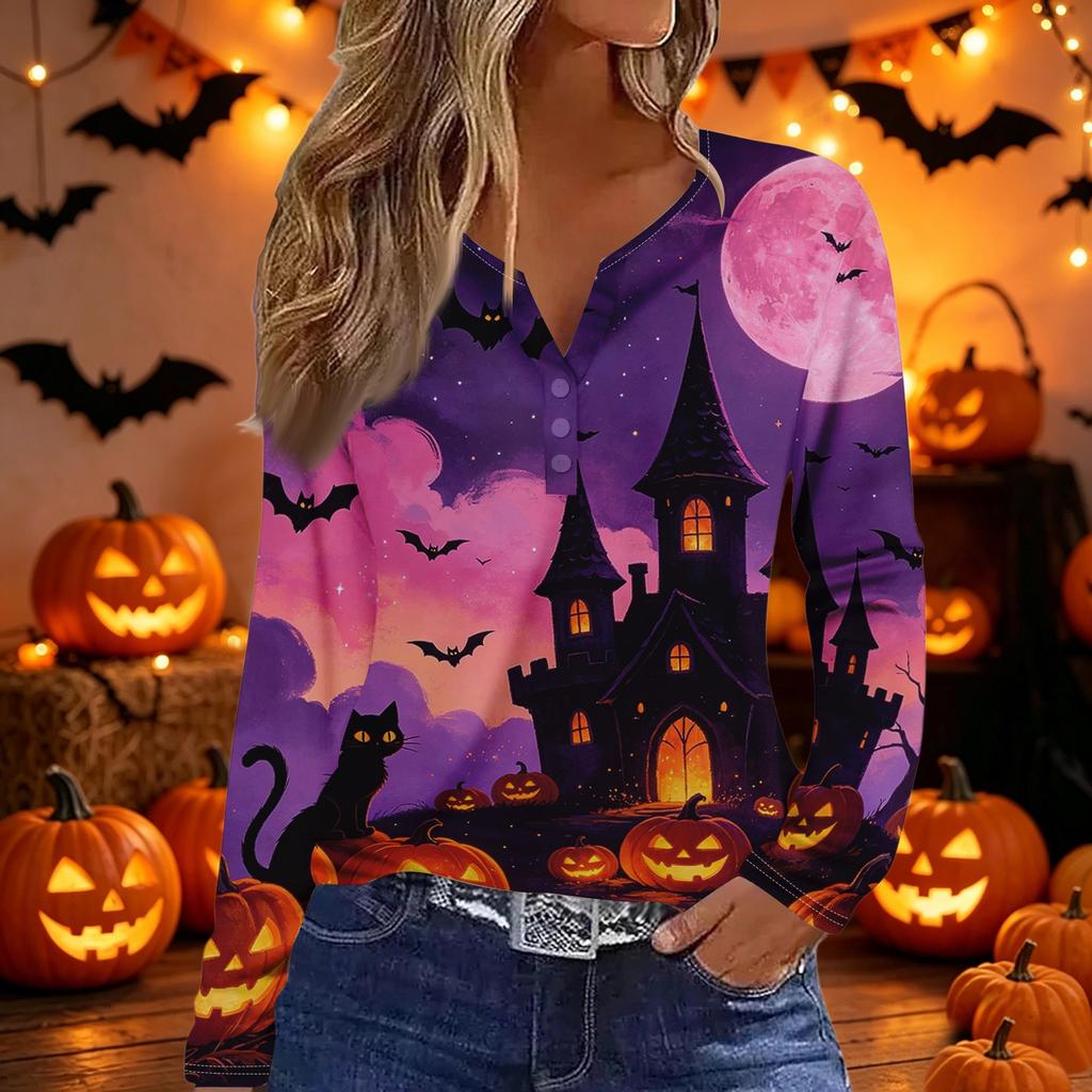 Women's Halloween Print V-Neck Long Sleeve T-Shirt with Button , Casual Fashion Top for Holiday Costume Party