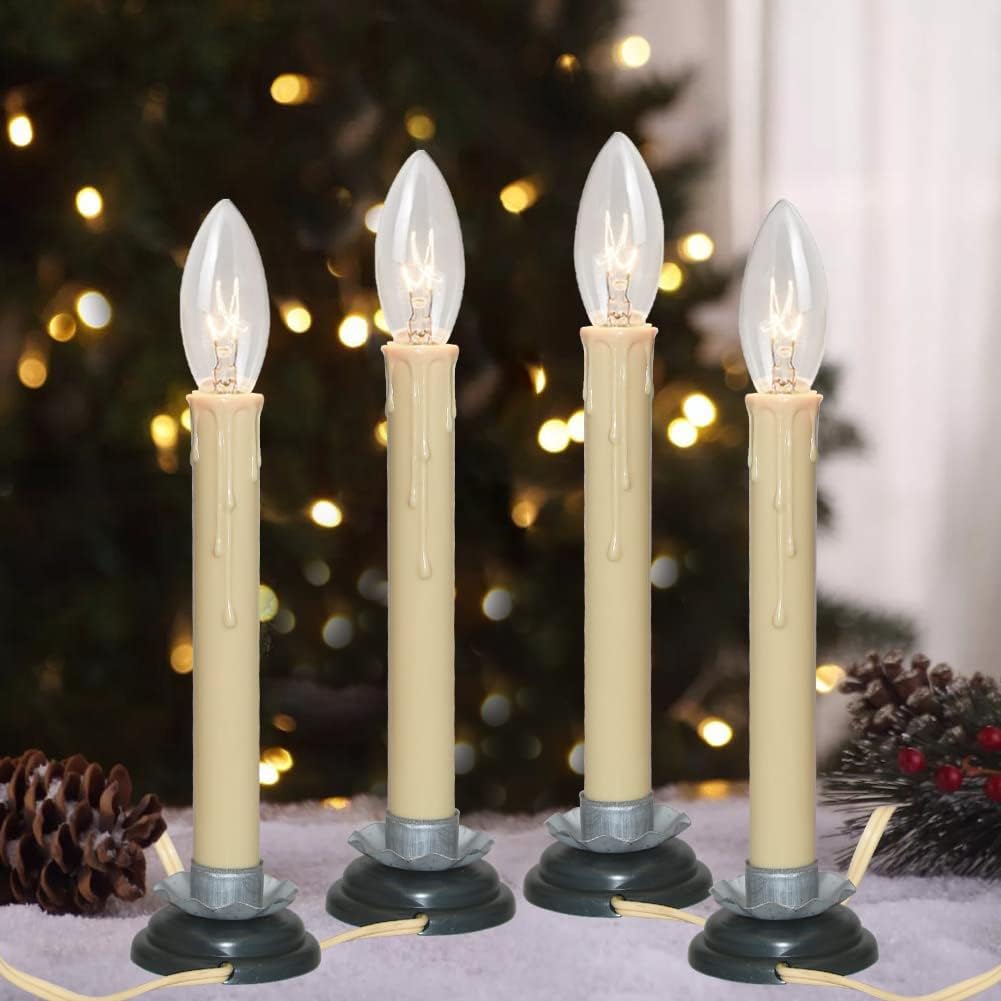 SUNSGNE Set of 4 Electric Window Candles, 7 Inch Plug in Window Candle Lamps with 7 Watt C26 Bulbs, Electric Candles with Black Wood Plum Iron Base,
