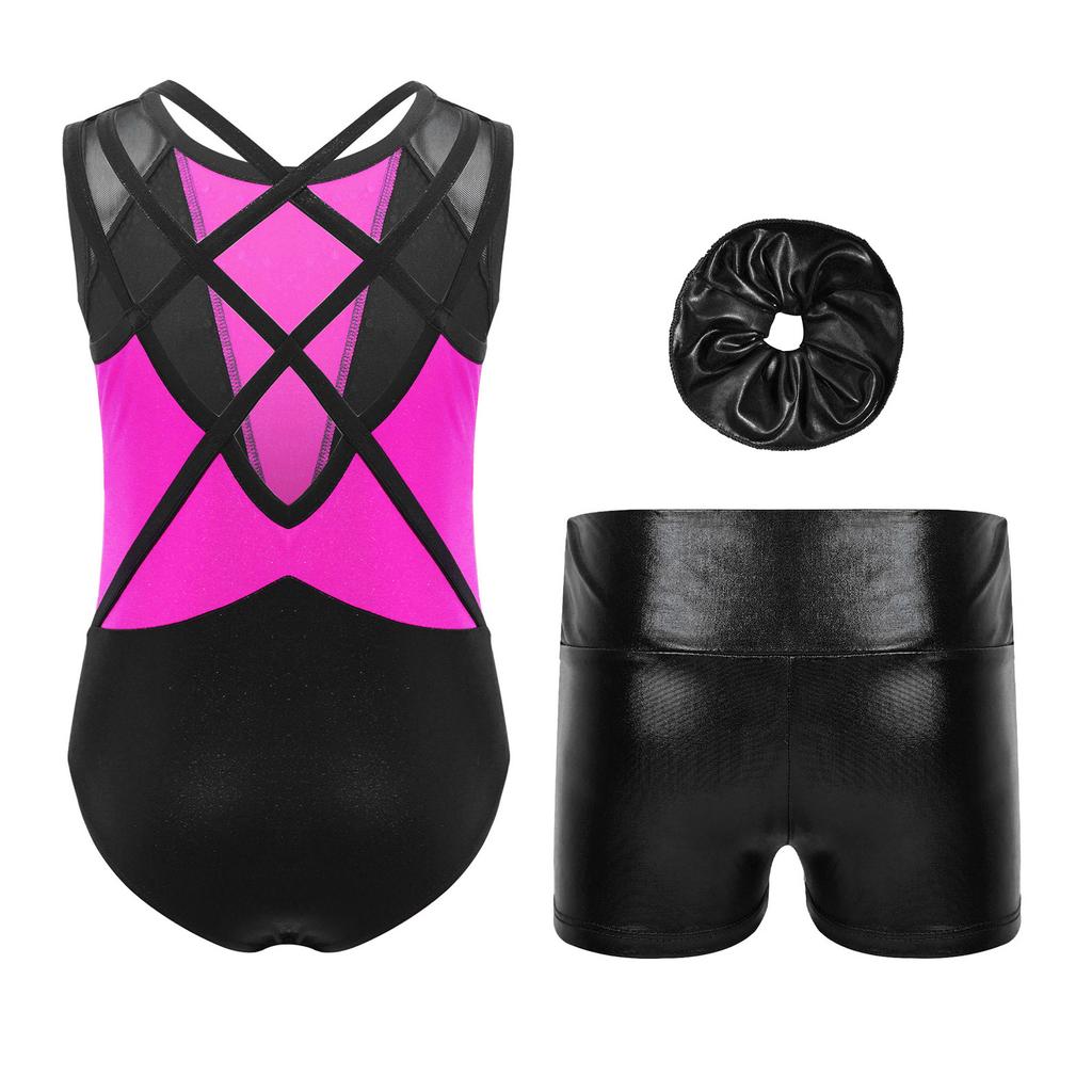 Girls Dance Performance Set Shiny Rhinestones Sleeveless Crisscross Back Leotard Metallic Shorts Headwear