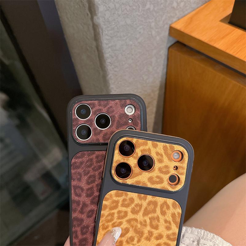 Fashion Leopard Print Leather Texture Phone Case For iPhone 17 16 15 14 13 Pro Max Instant Turn 17 Large Window Shockproof Cover