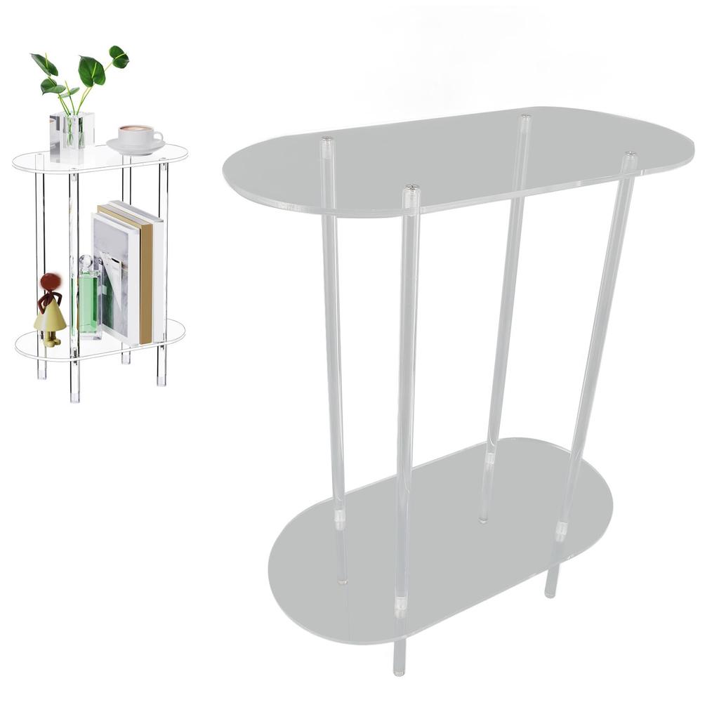 Clear Side Table Acrylic 2 Tier Oval Modern Detachable Nightstand End Table for Living Room Office H