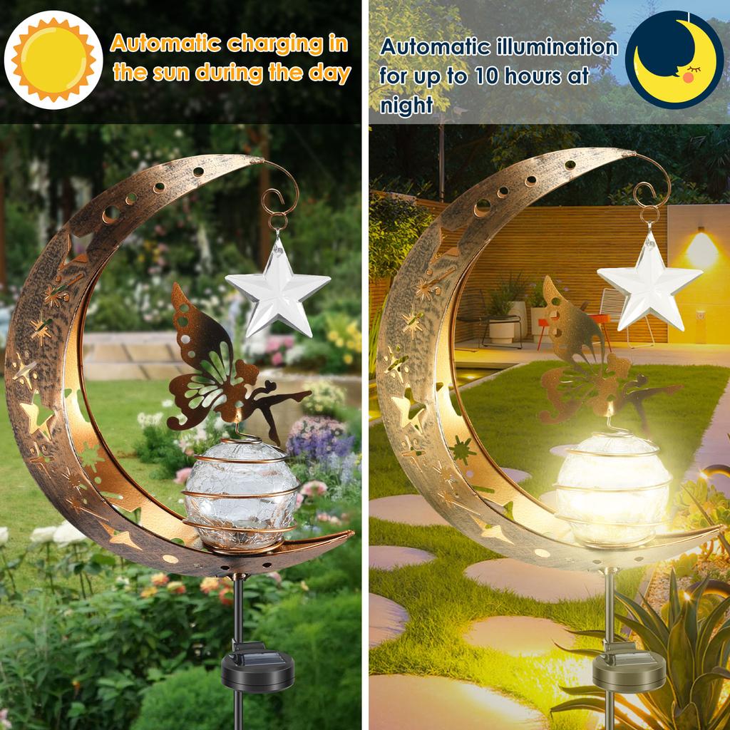Solar Garden Lights Outdoor Moon Fairy Pentagram Glass Lights Waterproof White LED Iron Decorative Lights Pathway Butterfly