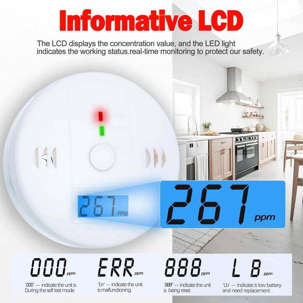 Carbon Monoxide Detectors Co Detector Battery Powered With LCD Display For Home