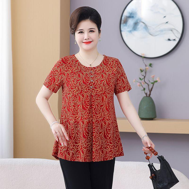Mom's Short Sleeve Middle-aged and Elderly Summer New Style Plus Size T-shirt Oversized Top Loose Versatile Blouse