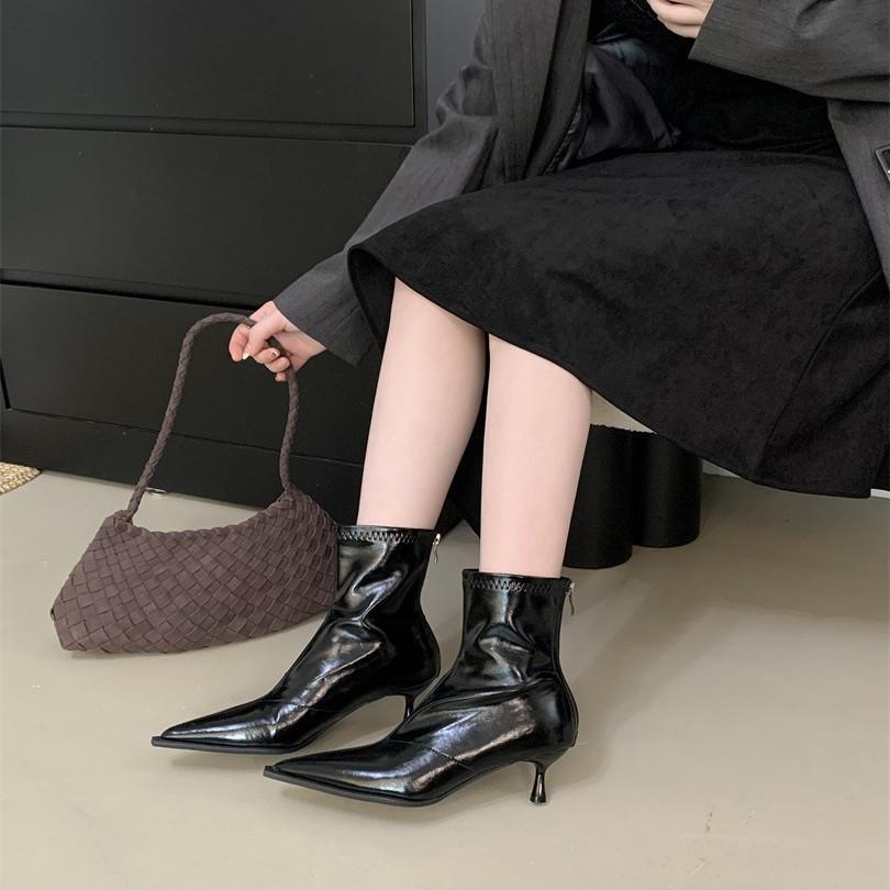 Autumn and Winter New Pointed High-heeled Thin Boots Women's French Thin-heeled Retro Rear Zipper Soft Leather Short Boots Elastic Fashion Boots