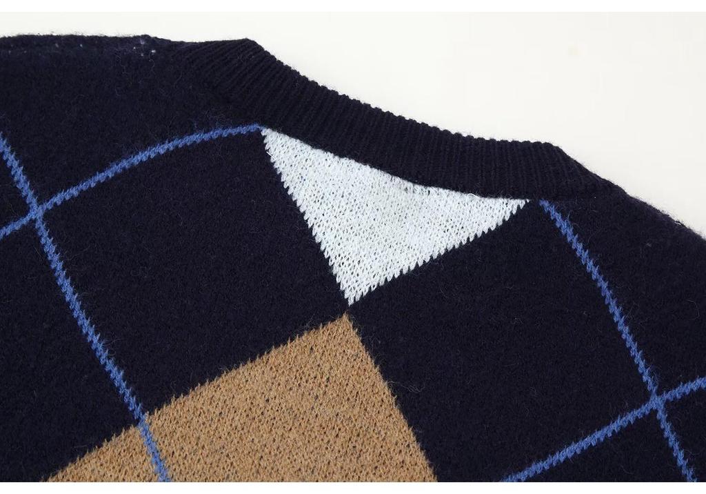 2025za Women's Jacquard Scarf Knit Diamond Plaid Sweater - Round Neck, Autumn/Winter Commuting Top Coat