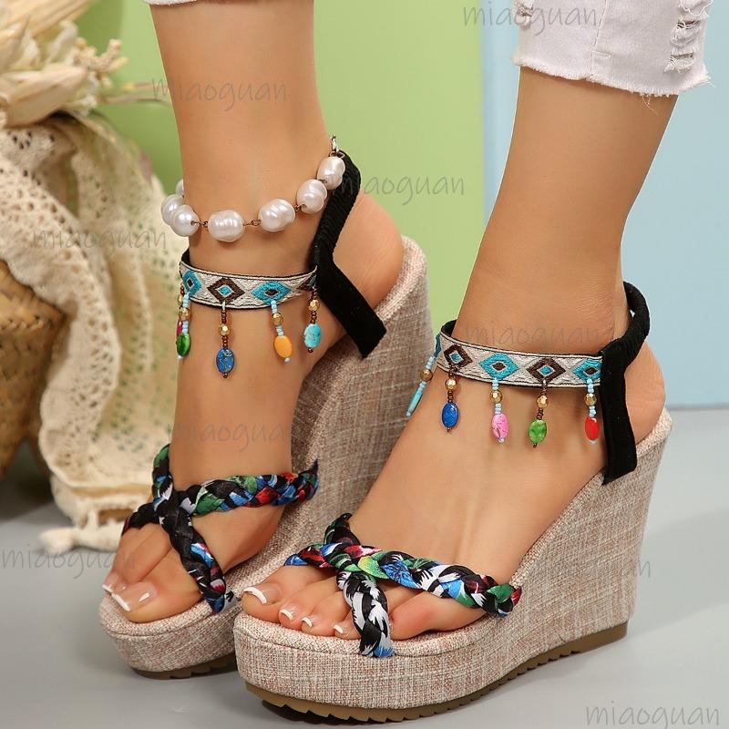 Plus Size 36-43 Wedge Sandals Fashion Open Toe Casual Women's Beach Shoes Chunky Heel Outdoor Summer Slide Sandals Bohemian