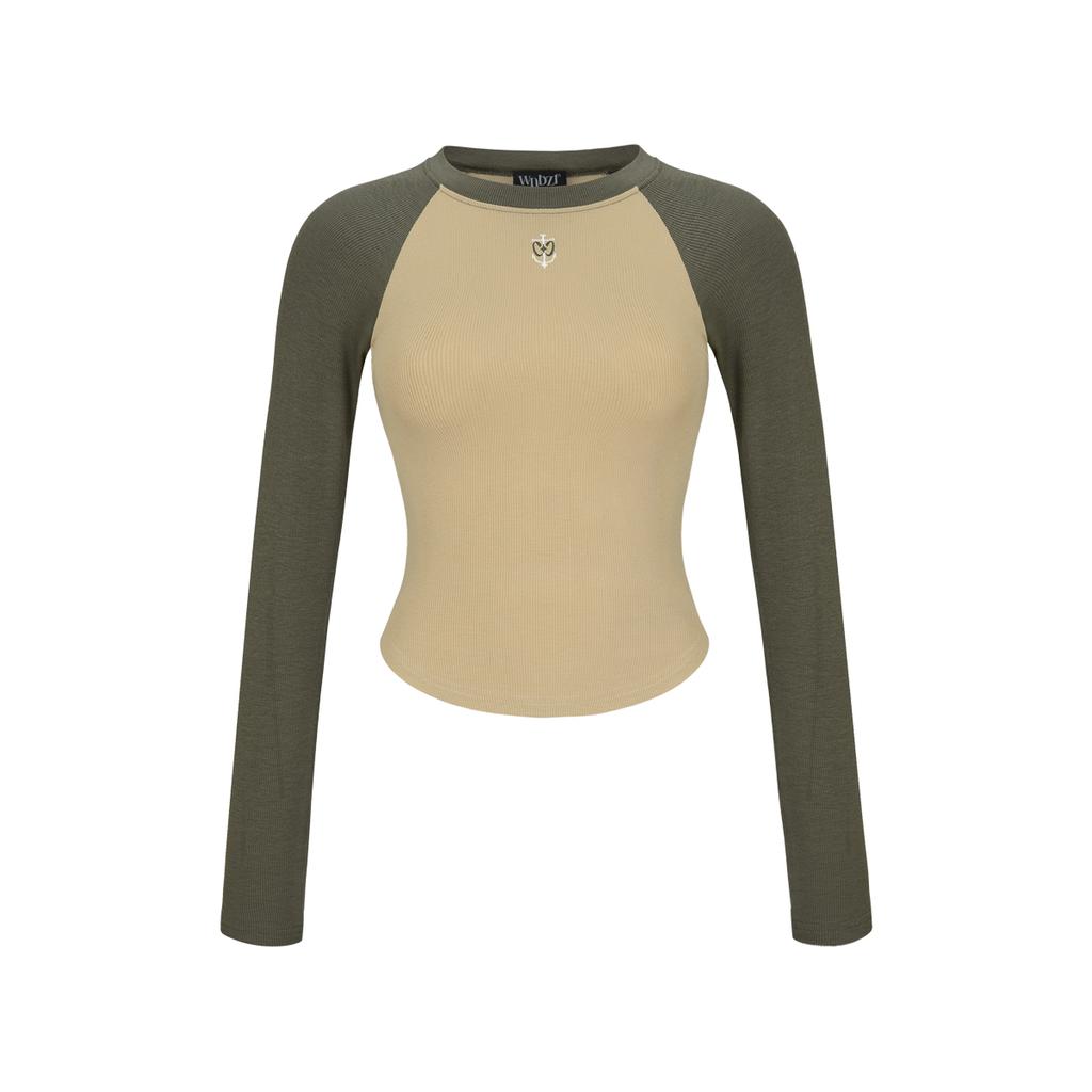 WANNABEZFIT F.H.L Emblem Color Block Slim Fit Long Sleeve Hazelnut & Khaki