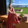 French Vintage Plaid Spaghetti Strap Dress with a Niche Asymmetrical Hem, Hot Girl Long Dress for Summer