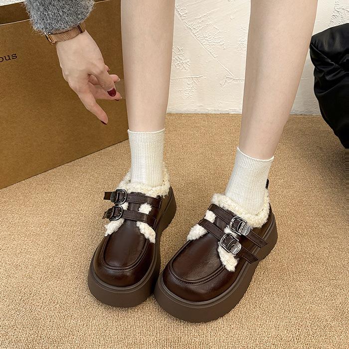 College Style Sweet and Cool Cotton Shoes Women's 2025 Autumn and Winter New British Style Heightening Strap Thick Heel Loafer Single Shoes Cotton Sh