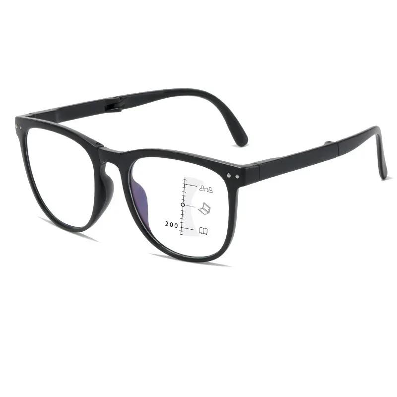 Unisex Portable Folding Progressive Multifocal Reading Glasses Luxury Round Far Sight Eyewear Blue Light Blocking Eyeglasses
