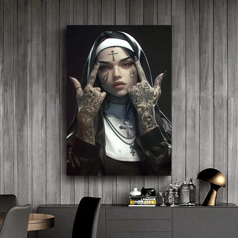 Sexy Tattoo Machine Gun Nun Poster Print Christian Smoking Nun Canvas Painting Living Room Background Wall Home Decoration