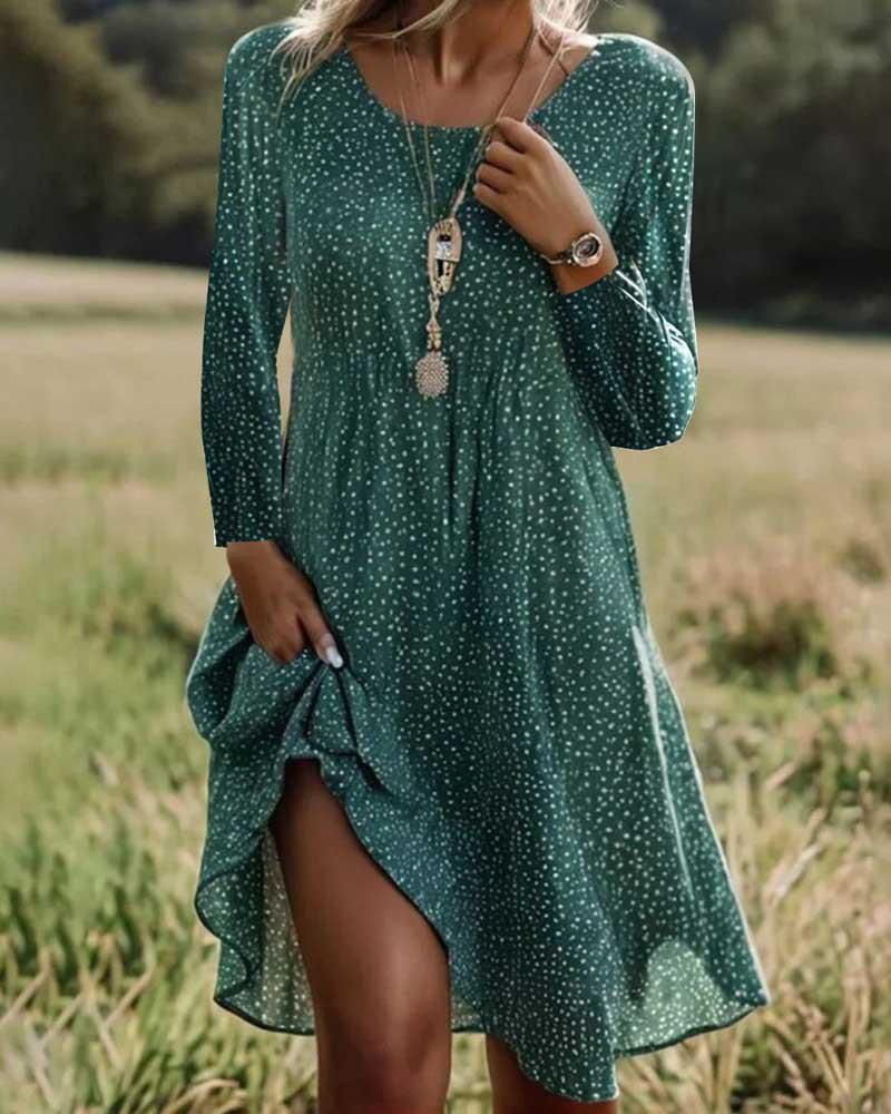 2025 Autumn New Cross-border Polka Dot Long-sleeved Crew Neck Dress Burgundy Blue Green European and American Temperament Elegant